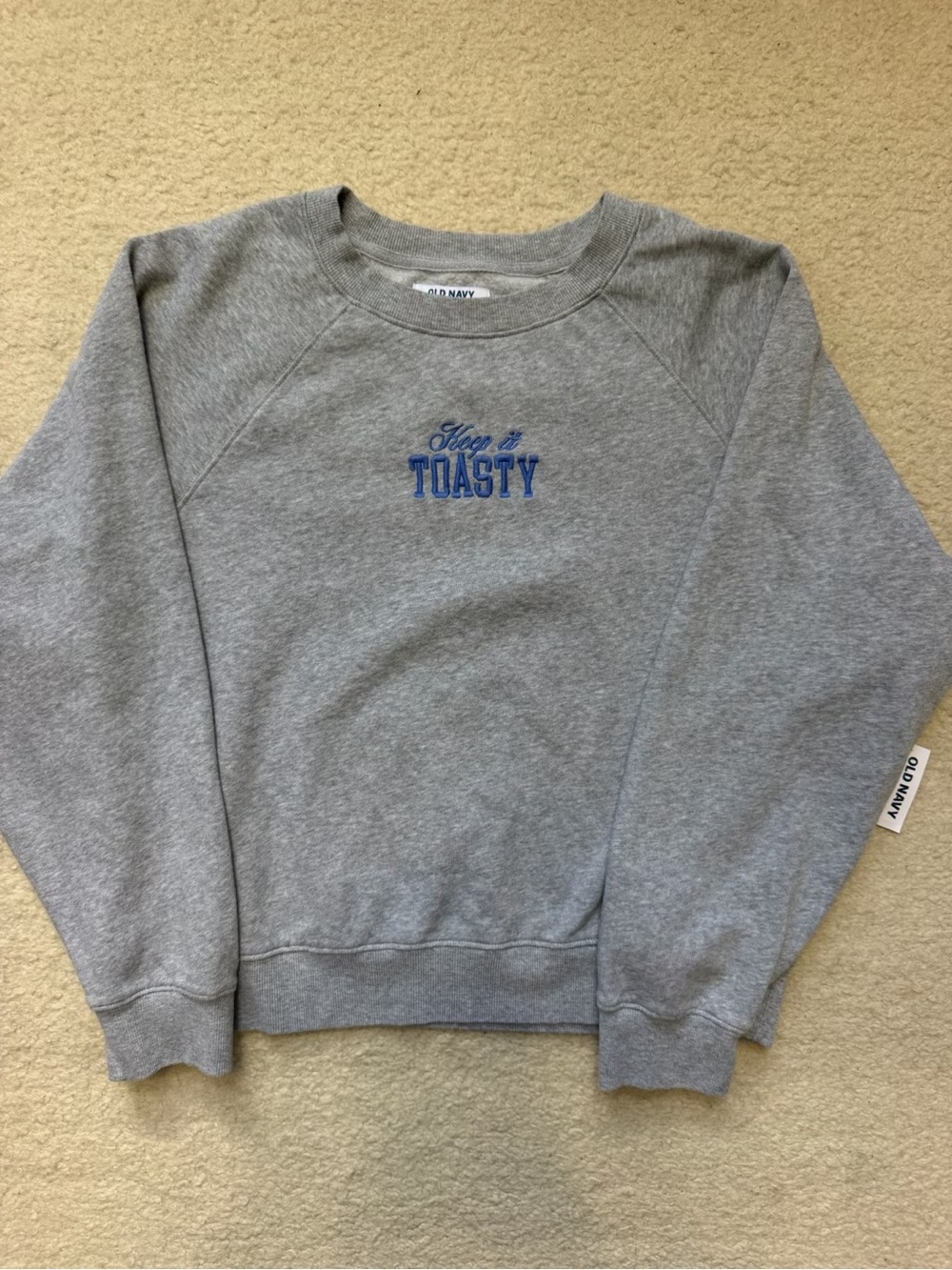 Old Navy Gray Crewneck Sweatshirt with Blue 'Stay Toasty' Embroidery NWT